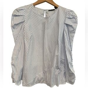 Halogen Women's Blue and White Striped Puff-Sleeve Blouse